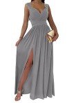Elegant Gray Maxi Dress with Deep V Neck