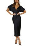 Elegant Black Satin V Neck Midi Dress