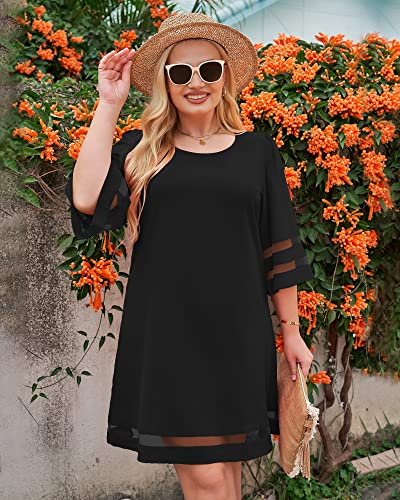 LookbookStore Black Dress for Women Cocktail 2024 Casual Summer Crewneck Dress 3/4 Bell Sleeve Party Dresses for Women Size L Size 12 14