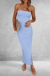 Light Blue Strapless Ribbed Maxi Dress for Summer
