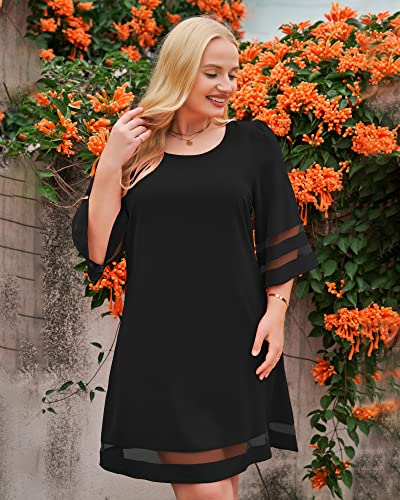LookbookStore Black Dress for Women Cocktail 2024 Casual Summer Crewneck Dress 3/4 Bell Sleeve Party Dresses for Women Size L Size 12 14