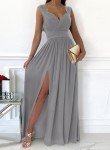 Elegant Gray Maxi Dress with Deep V Neck