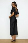 Elegant Black Satin V Neck Midi Dress