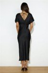 Elegant Black Satin V Neck Midi Dress