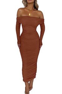 Caramel Off Shoulder Ruched Maxi Dress for Women