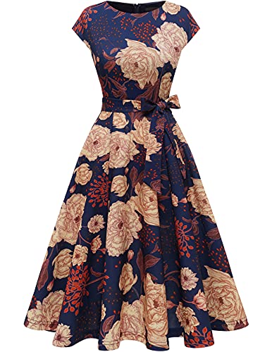 DRESSTELLS Women's Cocktail Dresses for Church, Modest Wedding Guest Bridesmaid Prom Summer Floral Casual Dress 2024, Vintage Dress Navy Yellow Flower L