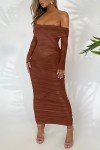 Caramel Off Shoulder Ruched Maxi Dress for Women