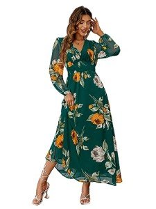 Emerald Green Boho Floral Maxi Dress for Women