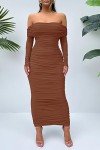 Caramel Off Shoulder Ruched Maxi Dress for Women