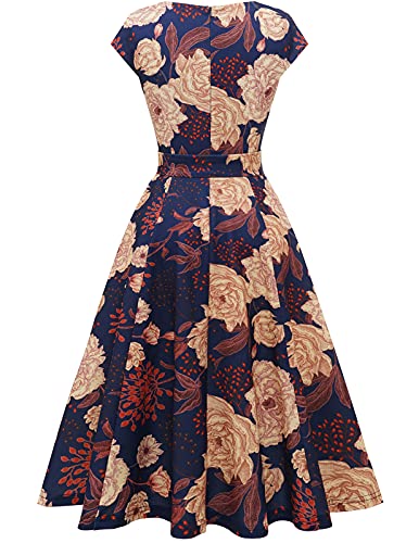 DRESSTELLS Women's Cocktail Dresses for Church, Modest Wedding Guest Bridesmaid Prom Summer Floral Casual Dress 2024, Vintage Dress Navy Yellow Flower L