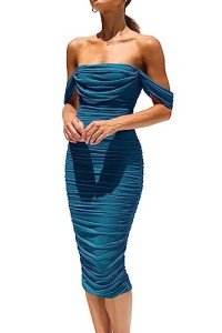 PRETTYGARDEN Women's Ruched Off-Shoulder Midi Dress