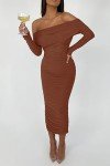 Caramel Off Shoulder Ruched Maxi Dress for Women