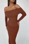 Caramel Off Shoulder Ruched Maxi Dress for Women