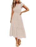 ZESICA Women's 2024 Summer Casual Flutter Short Sleeve Crew Neck Smocked Elastic Waist Tiered Midi Dress,Apricot,Medium