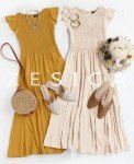 ZESICA Women's 2024 Summer Casual Flutter Short Sleeve Crew Neck Smocked Elastic Waist Tiered Midi Dress,Apricot,Medium