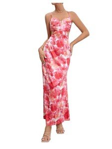 Milumia Women's Floral Cut Out Backless Maxi Dress Ruched Sleeveless Long Cocktail Party Dresses Pink X-Small