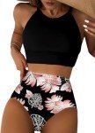 Herseas Women's Black Tropical Leaf Print Bikini Set