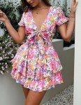PRETTYGARDEN Women's 2024 Summer Swing Mini Dress Tie Front V Neck Short Sleeve Ruffle Layer A-Line Short Dress(Floral White,XX-Large