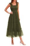 PRETTYGARDEN Women's 2024 Summer Midi Dress Casual Sleeveless Smocked Ruffle Tulle Flowy Beach Sundress (Army Green,Small)