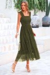 PRETTYGARDEN Women's 2024 Summer Midi Dress Casual Sleeveless Smocked Ruffle Tulle Flowy Beach Sundress (Army Green,Small)