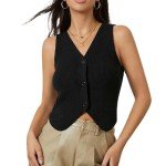 Women Knit Vest Top Sleeveless Sweater Vest Tank Tops V Neck Button Down Trendy Top Black M