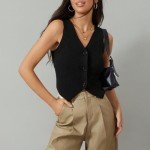 Women Knit Vest Top Sleeveless Sweater Vest Tank Tops V Neck Button Down Trendy Top Black M