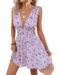 Floerns Women's Cut Out Backless Sleeveless Shirred Floral A Line Short Dress Lilac Purple S