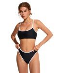SUUKSESS Women High Waisted Two Piece Bikini Sets Cheeky High Cut Bandeau Swimsuits Push Up Bathing Suit(Black and White,M)