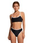 SUUKSESS Women High Waisted Two Piece Bikini Sets Cheeky High Cut Bandeau Swimsuits Push Up Bathing Suit(Black and White,M)