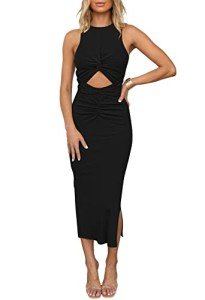 HUUSA Women's Autumn Crisscross Sleeveless Spring Midi Dress Elegant Sexy Cut Out Knot Twisted Side Slit Ruched Bodycon Cocktail Party Formal Pencil Belted Dresses Black S