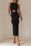 HUUSA Women's Autumn Crisscross Sleeveless Spring Midi Dress Elegant Sexy Cut Out Knot Twisted Side Slit Ruched Bodycon Cocktail Party Formal Pencil Belted Dresses Black S