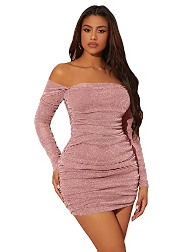 WDIRARA Women's Off The Shoulder Long Sleeve Ruched Glitter Cocktail Party Bodycon Mini Dress Dusty Pink XS