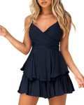 Navy Blue Spaghetti Strap Ruffle Dress for Women