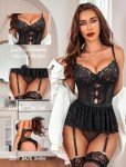 Avidlove Women Lace Teddy Bodysuit Sexy Babydoll Lingerie sets with Garter Belt Black