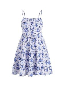 Verdusa Women's Floral Print Ruched Sleeveless Ruffle Hem A Line Swing Cami Dress Blue M