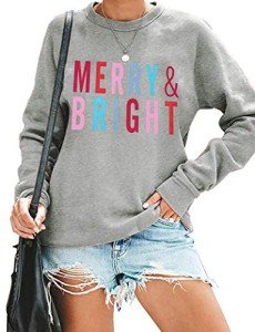 MOUSYA Christmas T-Shirt Women Merry Bright Colorful Letter Printed Sweatshirt Casual Long Sleeve Round Neck Pullover Tops Grey