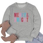 MOUSYA Christmas T-Shirt Women Merry Bright Colorful Letter Printed Sweatshirt Casual Long Sleeve Round Neck Pullover Tops Grey