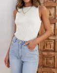 ZESICA Womens Ribbed Tank Tops 2024 Summer Sleeveless High Neck Casual Slim Fitted Basic Knit Shirts,White,Medium