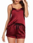 Satin Pajamas Set: Wine Cami Shorts & Nightwear