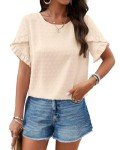 PRETTYGARDEN Womens Tops 2024 Ruffle Plain Lightweight Soft Tee Shirts Elegant Boho Blouses for Party Holiday Vacation(Beige,XX-Large)