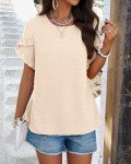 PRETTYGARDEN Womens Tops 2024 Ruffle Plain Lightweight Soft Tee Shirts Elegant Boho Blouses for Party Holiday Vacation(Beige,XX-Large)
