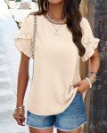 PRETTYGARDEN Womens Tops 2024 Ruffle Plain Lightweight Soft Tee Shirts Elegant Boho Blouses for Party Holiday Vacation(Beige,XX-Large)
