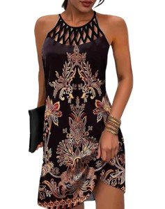 SAUKOLE Womens Summer Halter Neck Hollow Out Sleeveless Dress Floral Print Beach Boho Short Mini Sundresses