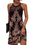 SAUKOLE Womens Summer Halter Neck Hollow Out Sleeveless Dress Floral Print Beach Boho Short Mini Sundresses