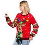 JOYIN Womens LED Light Up Christmas Sweater, Reindeer Christmas Ugly Sweater with Light Bulbs-Red
