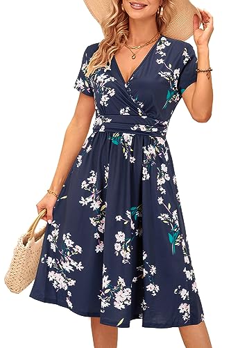 OUGES Women's Spring Dresses for Women 2024 Casual Summer Dress Short Sleeve V-Neck Floral Short Party Dress with Pockets(Florals,XL)