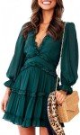 Dokotoo Women Dresses Cute Summer Spring Casual Sexy Deep V Neck Ruffle Chiffon Lantern Long Sleeve Elegant Boho Hawaiian Flowy Mini Short Skirt Dresses for Women Party 2024 Green X-Large