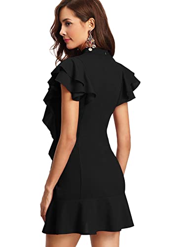 Floerns Women's Tie Neck Short Sleeve Ruffle Hem Cocktail Party Dress Black L