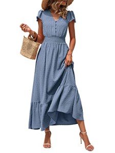 Swiss Dot Maxi Dress with Ruffles - Grey Blue