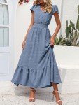 Swiss Dot Maxi Dress with Ruffles - Grey Blue